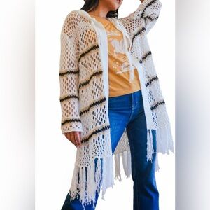 POL Crochet Bell Sleeve Long Hooded Open Cardigan Tassel Stripe- Small